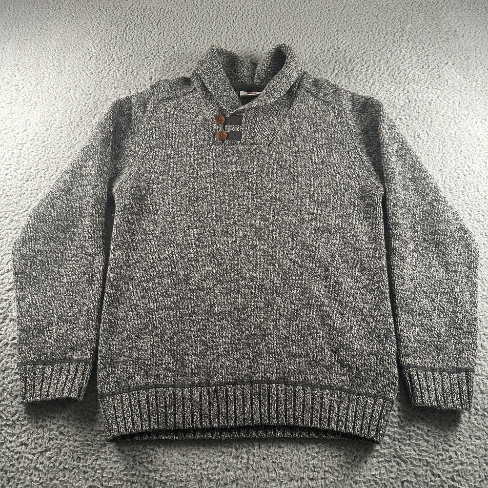 Fjallraven Lada Sweater Mens M Gray Button Shawl Collar Chunky Knit Pullover